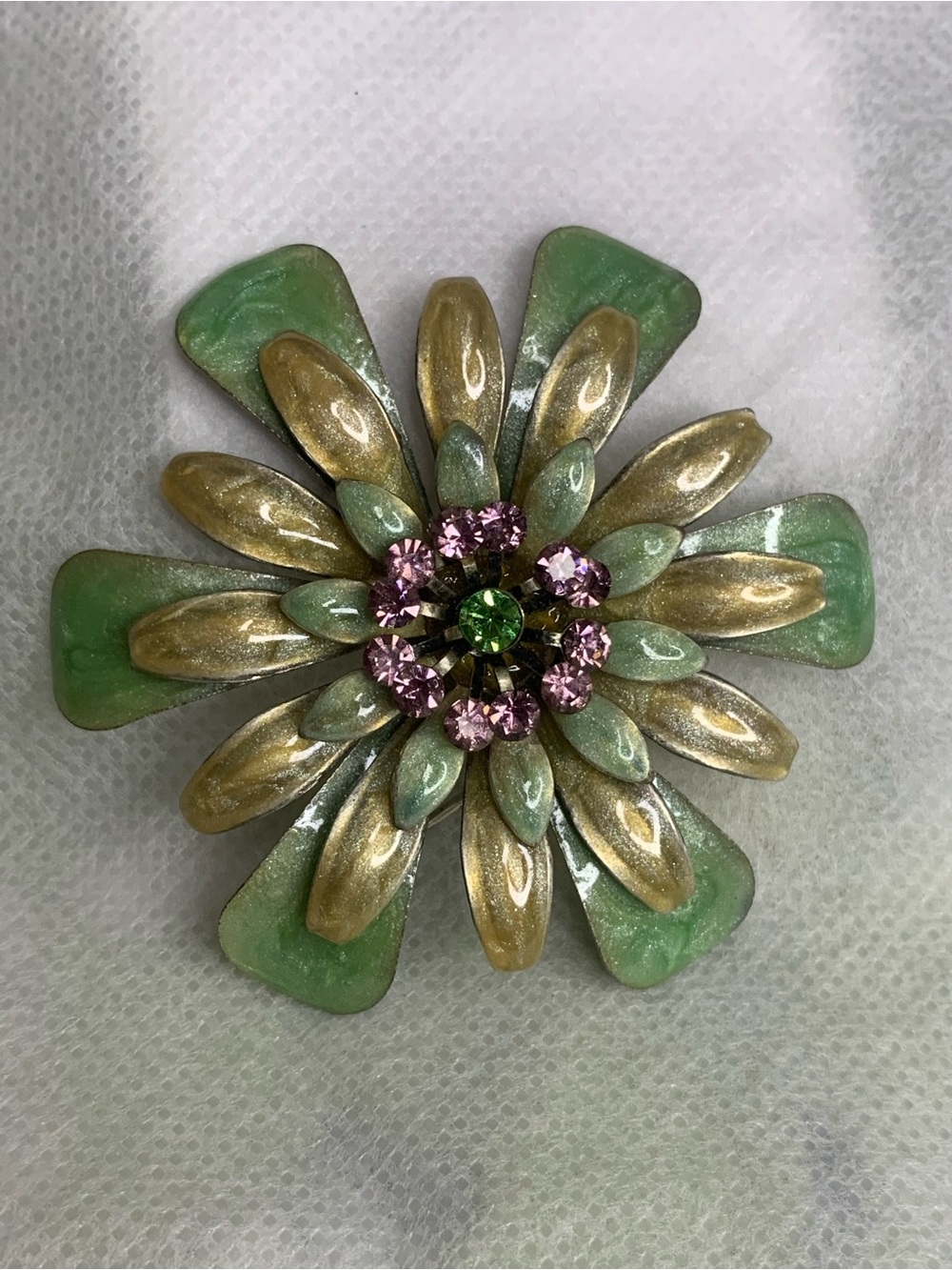 Green and Gold Floral Crystal Brooch - Fashion Jewelry